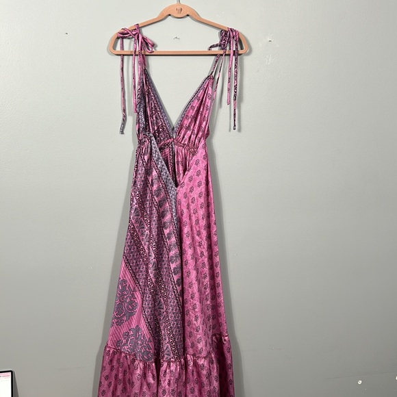 Women’s Silk Maxi Layered Open Back Shoulder Tie Purple Pink Dress OS - Picture 11 of 16